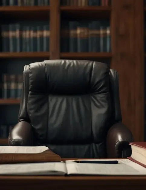 Empty judge's chair in a law library with scales of justice