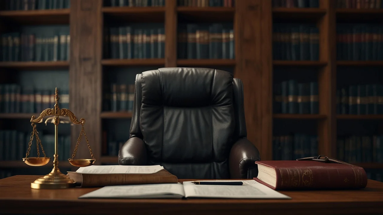 Empty judge's chair in a law library beside the scales of justice