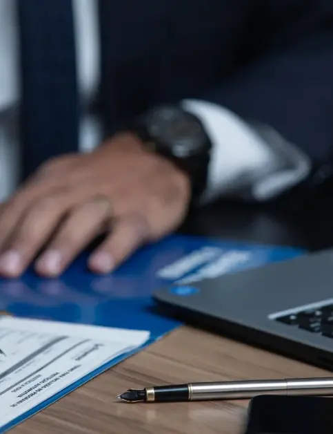 Lawyer signing a legal document at a desk in an Al Jabal Law Firm office