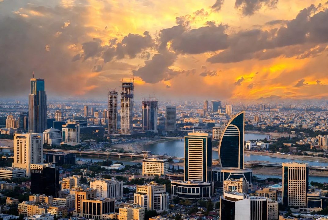 Baghdad skyline at sunset with the Tigris river