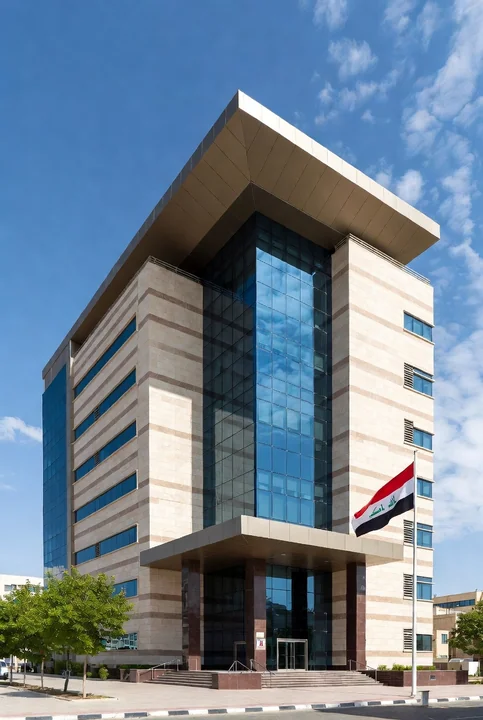 Modern government building with a glass façade and an Iraqi flag in Baghdad