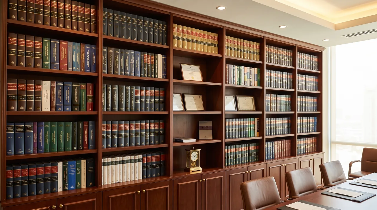 Mahogany law library with bookcases and a conference table