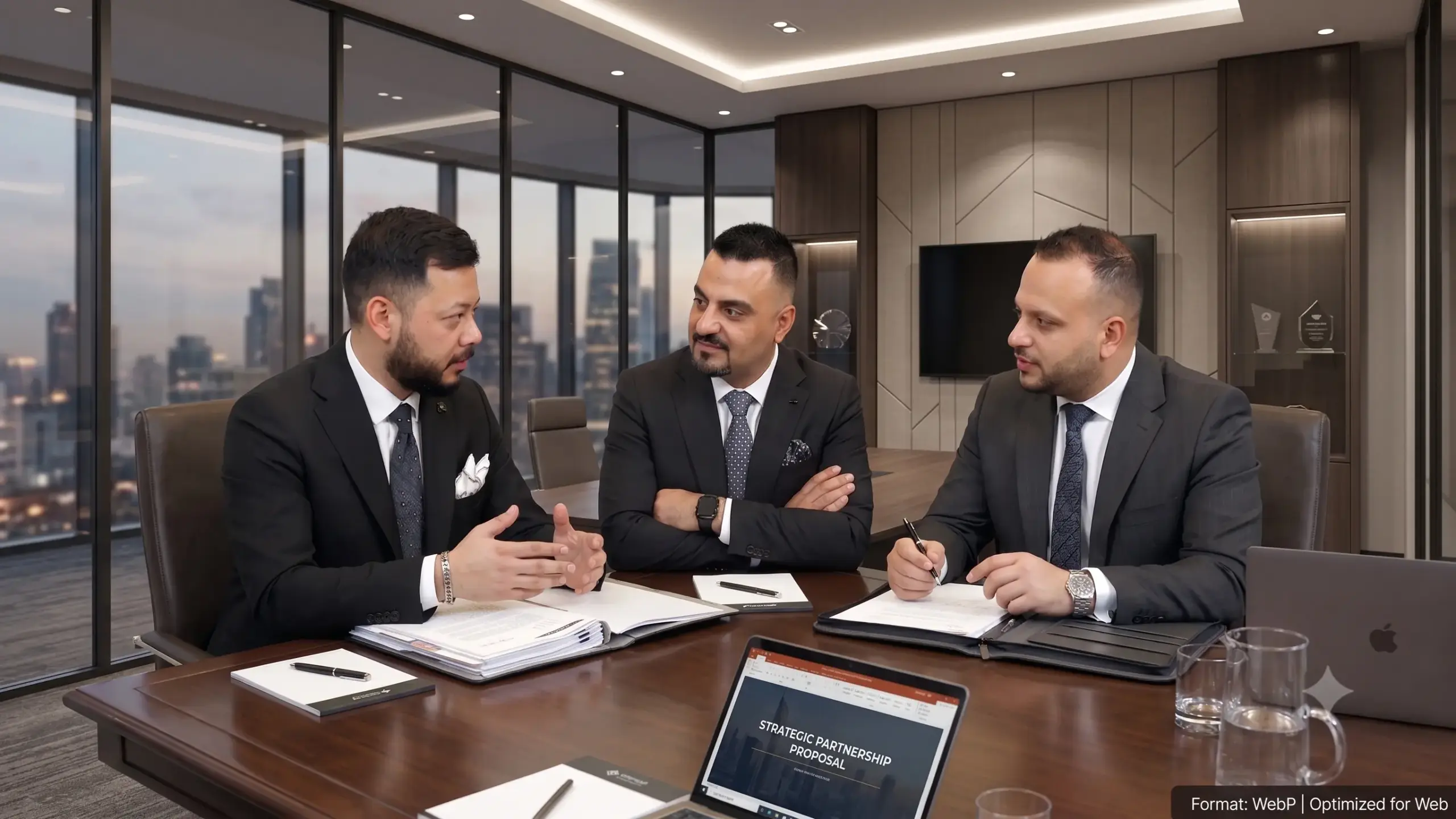 Three Al Jabal partners in a strategy meeting in a modern boardroom