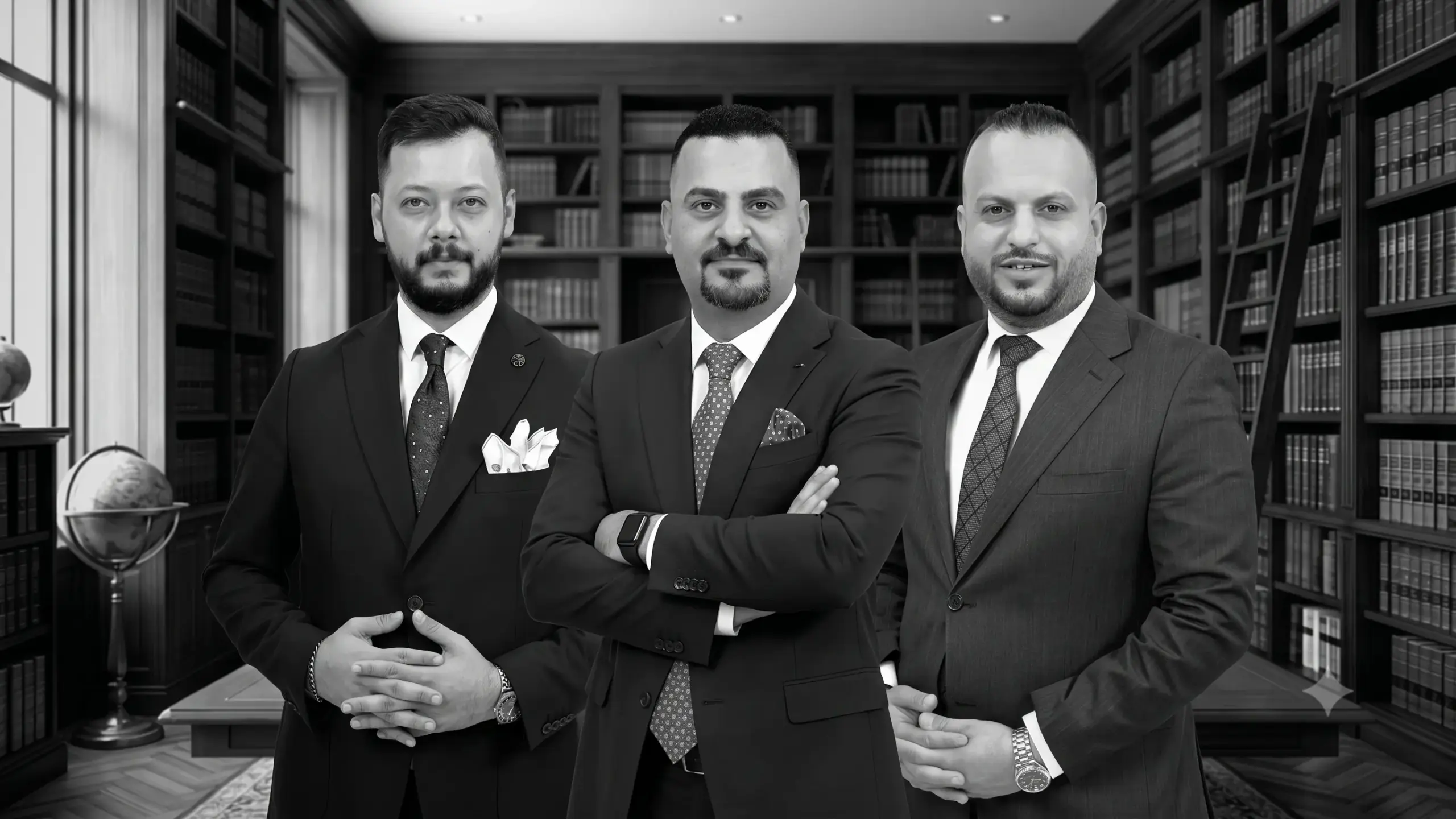 The three partners of Al Jabal Law Firm in a law library